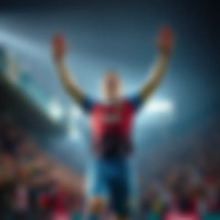 Erling Haaland raises his arms in celebration after scoring a goal during a match, with fans cheering in the background.