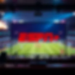 A TV screen displaying the ESPN+ logo with a sporting event in the background