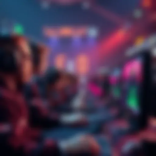 A dynamic scene of gamers engaged in an intense e-sports match, with odds displayed on a screen, highlighting the excitement of betting on live matches.