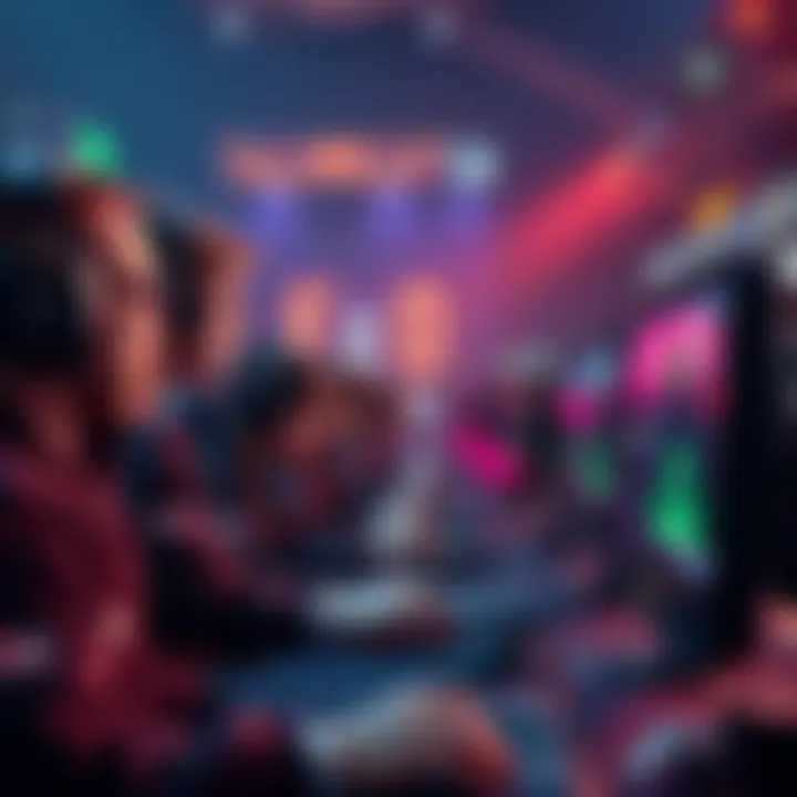 A dynamic scene of gamers engaged in an intense e-sports match, with odds displayed on a screen, highlighting the excitement of betting on live matches.