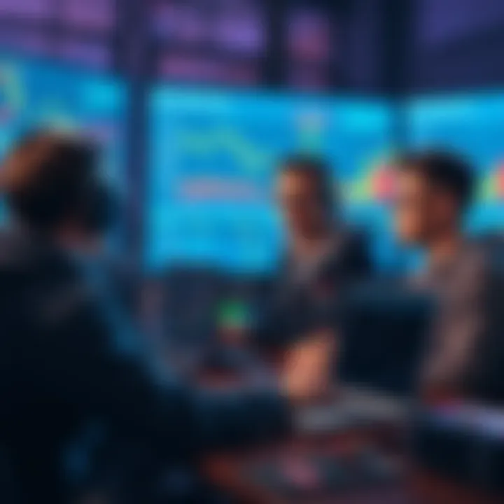 Esports Betting Analysis A group of players analyzing esports betting patterns on a digital screen with statistics and charts