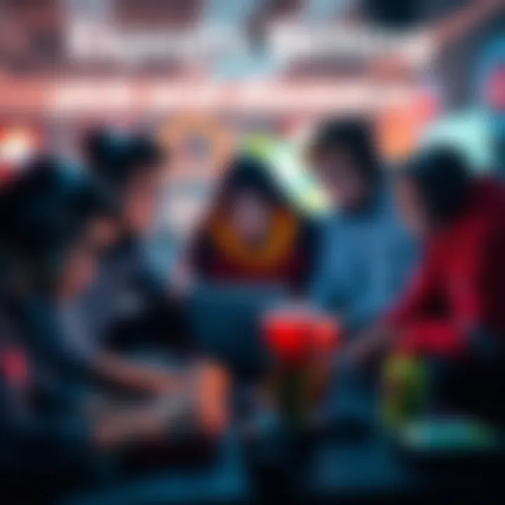 A group of people analyzing esports betting picks on a laptop surrounded by gaming gear and snacks.