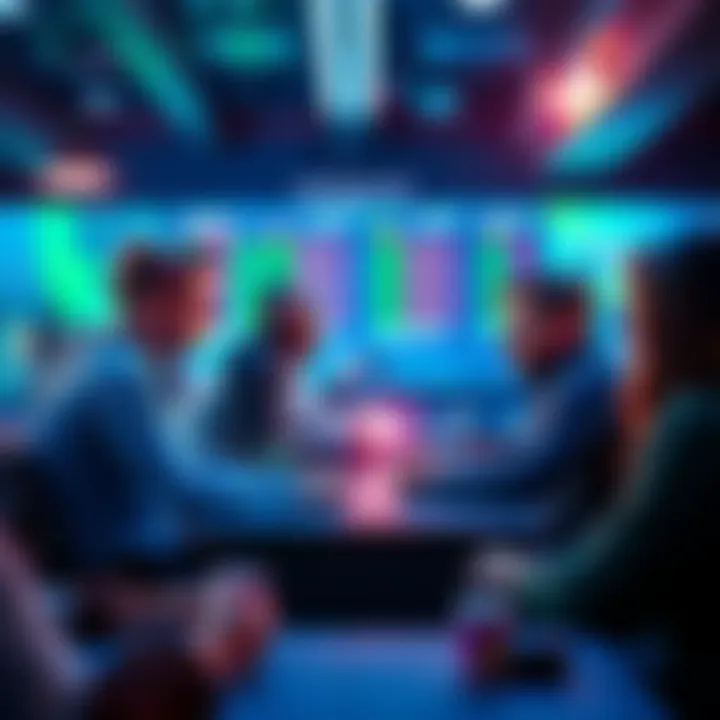 Group of people engaged in a lively discussion about esports betting strategies with gaming setup in the background.