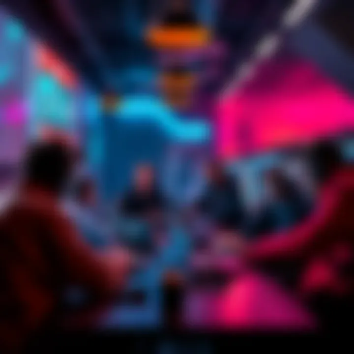 A group of people engaging in an esports betting discussion with laptops and gaming gear around them.