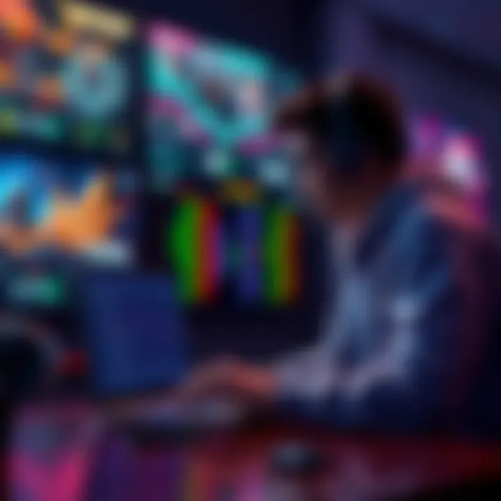 A person reviewing esports stats and odds on a laptop with gaming posters in the background