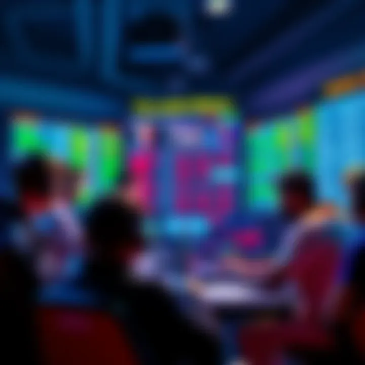 A group of gamers discussing strategies for esports betting, with screens showing game stats and betting odds in the background.