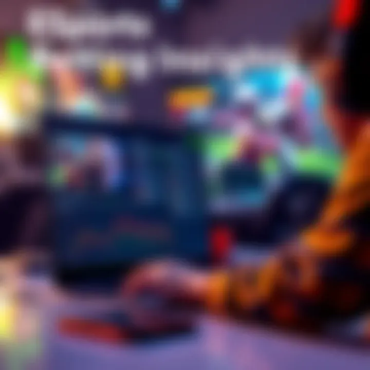 A person analyzing esports betting trends on a laptop with game graphics in the background