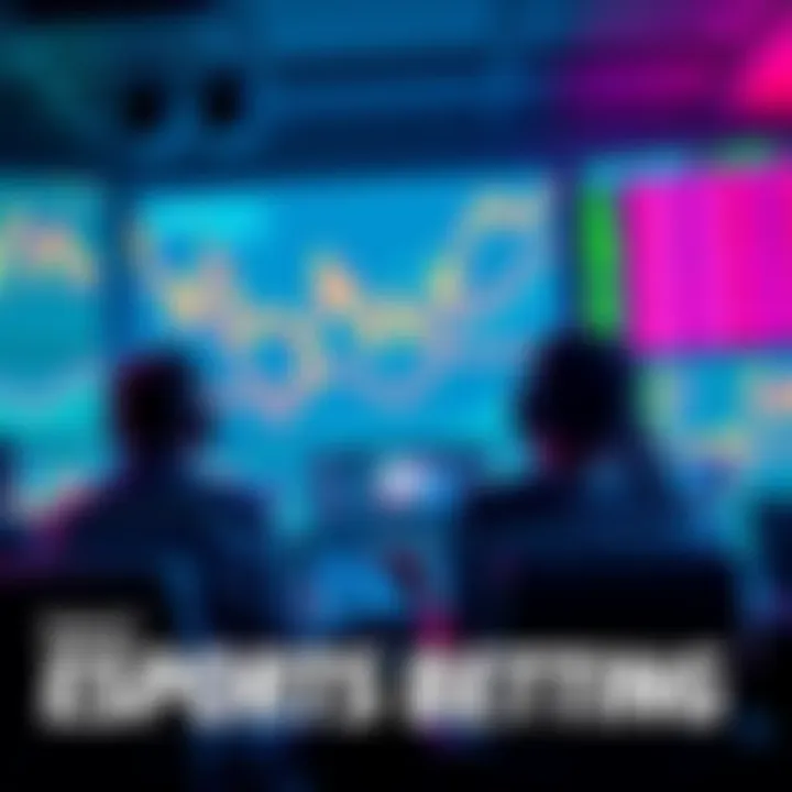 A group of bettors analyzing esports matches on screens with charts and statistics in the background