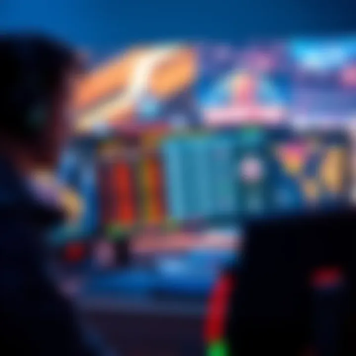 A gamer looking at esports betting odds on a computer screen, with game graphics in the background.