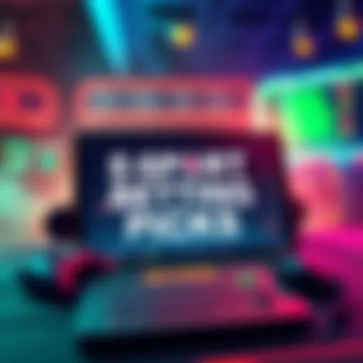 Graphic showing esports betting picks with gaming elements and a betting board