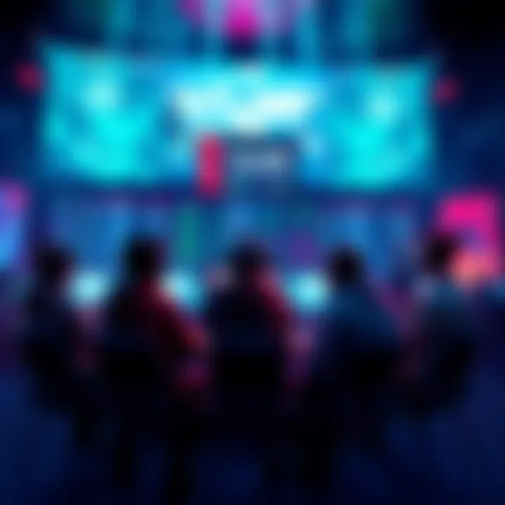 Esports Betting Scene A group of people discussing esports betting strategies with screens showing match statistics in the background