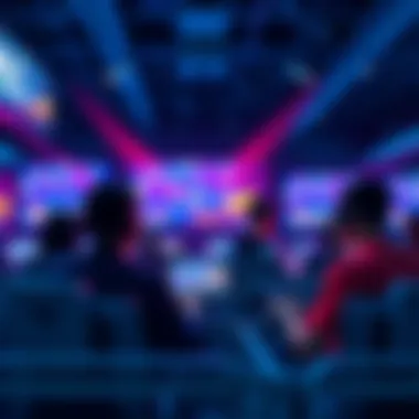 Esports Betting Scene A dynamic scene of people engaged in esports betting with excitement, screens displaying game stats and odds in the background.