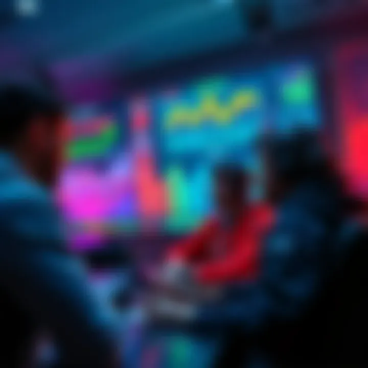 A group of people discussing esports betting strategies with charts and statistics on a screen.