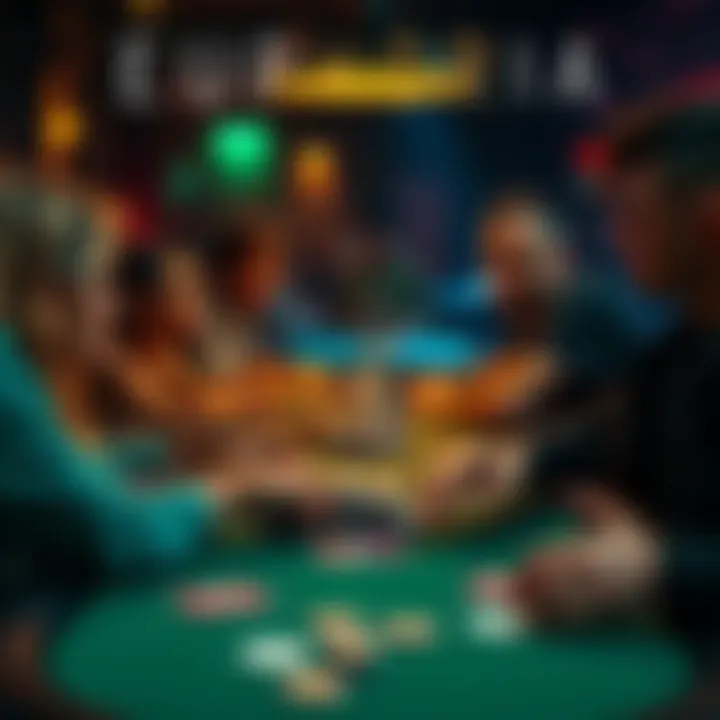 A group of friends around a poker table with cards and chips in an intense game. Lively interactions and moments of excitement fill the atmosphere.
