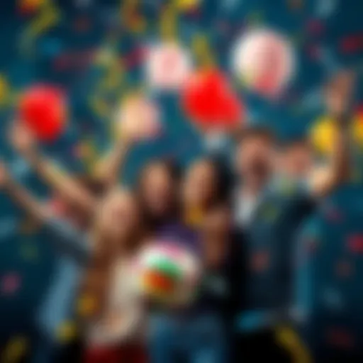 A group of cheerful people celebrating a lottery win with confetti and balloons, showing excitement for Euro Lotto in 2026.