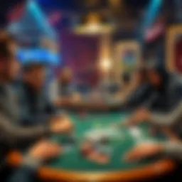 A group of players at a poker table in a European setting, showcasing a lively game atmosphere with chips and cards