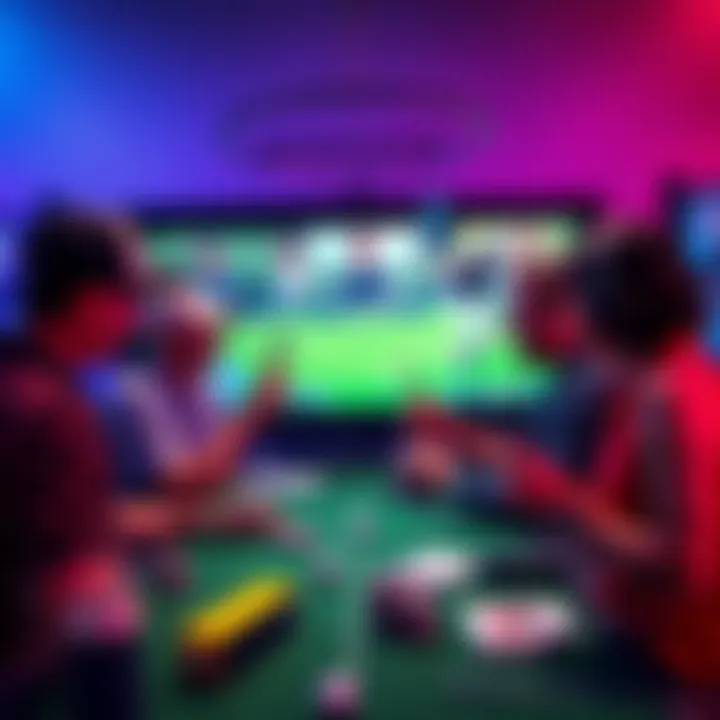 A sports betting scene showcasing excited bettors placing small wagers with a backdrop of golf events on a screen.