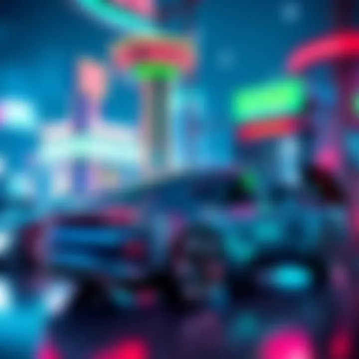 A futuristic electric vehicle at a betting kiosk in Las Vegas, symbolizing the fusion of technology and gambling.