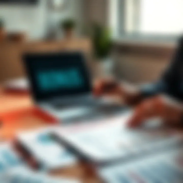 A person analyzing a bonus calculator on a laptop with financial documents spread out on a table