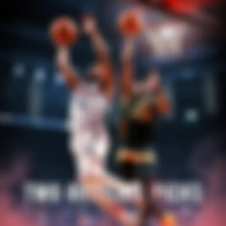 Evan Mobley jumping for a rebound and Devin Booker shooting a basketball