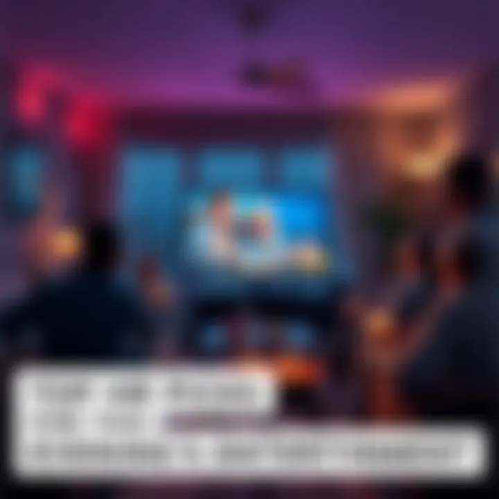 Evening Entertainment Recommendations A cozy living room with people enjoying a movie and snacks, creating a lively atmosphere for evening entertainment.
