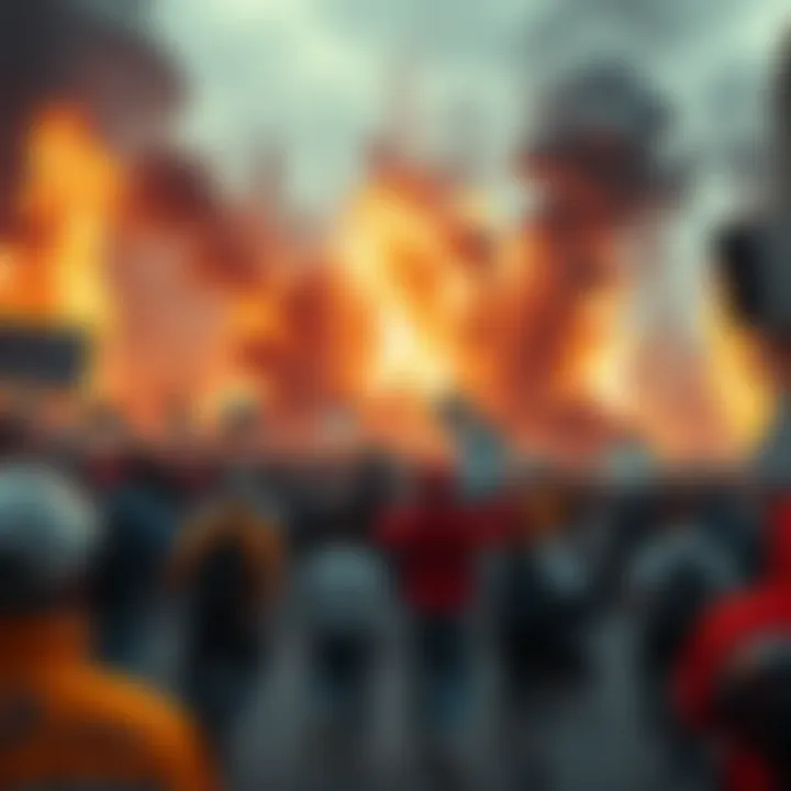 Event Collapse A chaotic scene depicting a major event with people reacting to a sudden disruption.