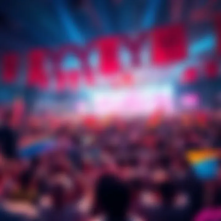 A vibrant scene showing a crowd gathered for an event with banners and a speaker on stage, signaling excitement and change.