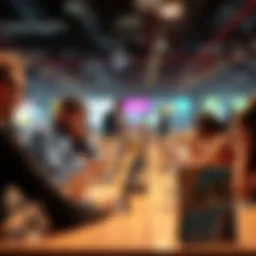 Event Promotions Concept A group of people discussing event promotions at a table with promotional materials and laptops. They appear engaged and interested in financial benefits.