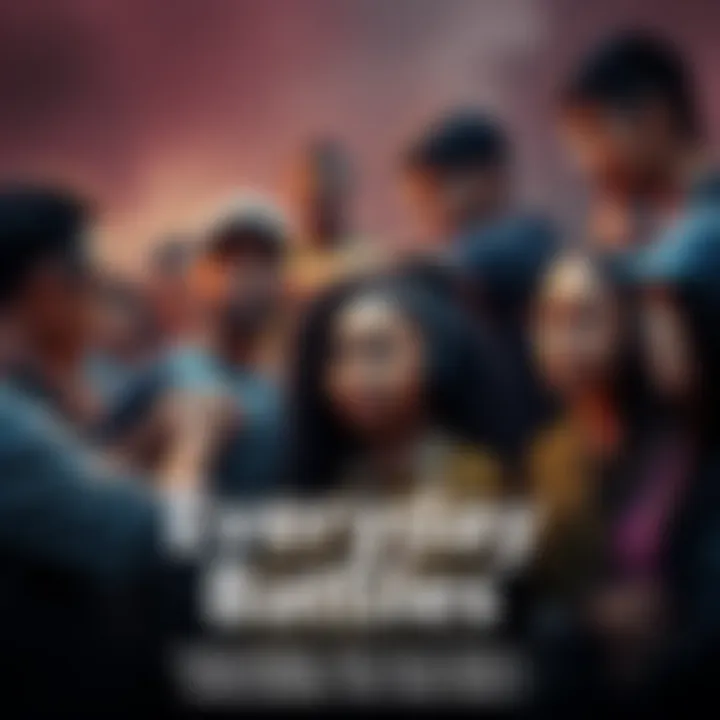 A diverse group of people facing various everyday challenges together, showing resilience and support for one another.