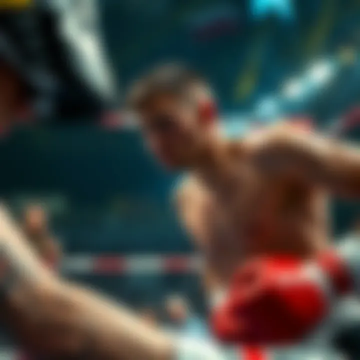 Evloev in the Ring Evloev showing determination while fighting in the ring, facing a tough opponent, with fans watching closely.