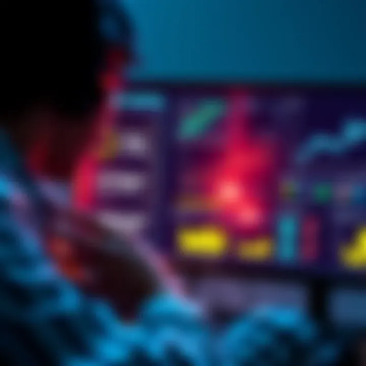 A person analyzing information from a computer screen filled with text and charts
