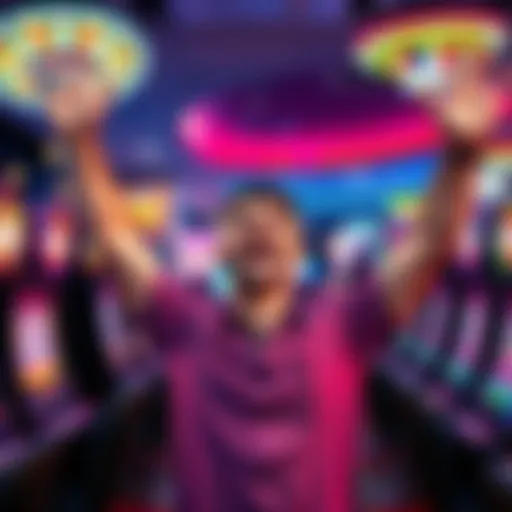 A happy player at a casino celebrating a big win with arms raised, surrounded by colorful slot machines and lights.