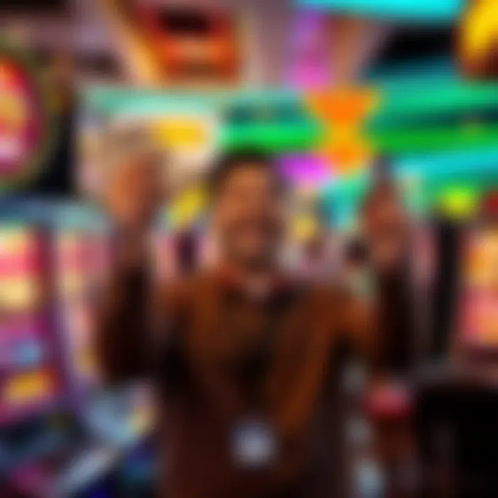 A joyful person at a casino holding cash and smiling after winning a large sum at a slot machine