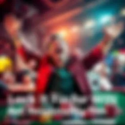 A happy individual with arms raised in joy after placing a winning bet, surrounded by gaming elements like chips and cards.