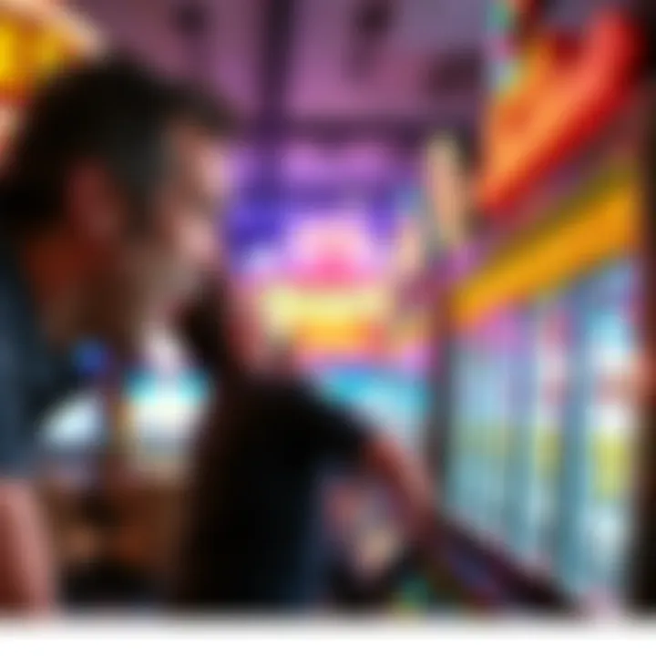 A person leans forward with anticipation as the slot machine reels spin, just a moment away from a possible big win after placing a bet.