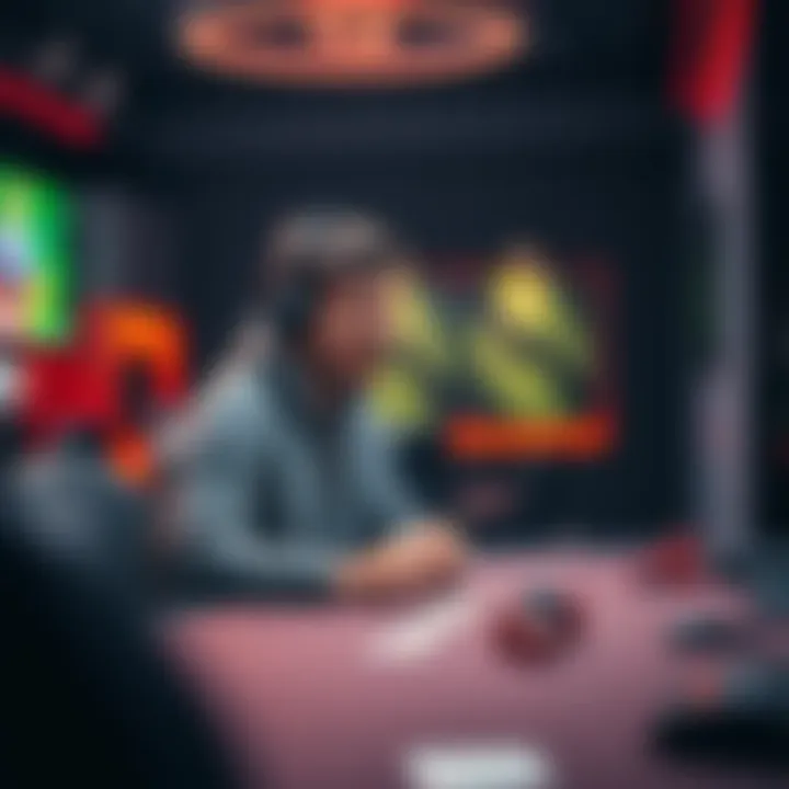A gamer sitting at a gaming table with a headset on, looking excited and focused on the game setup, with chips and cards in front of them, ready for their first live gaming session.