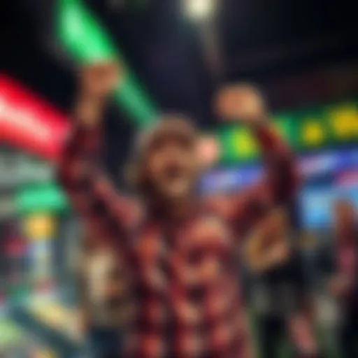 A person joyfully celebrating after winning a bet at a betting shop with friends