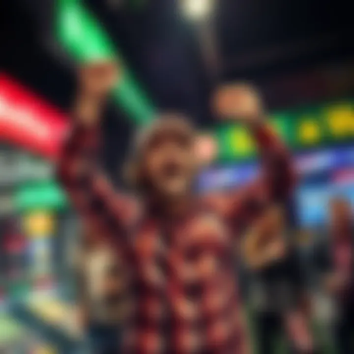 Excited bettor celebrating a win A person joyfully celebrating after winning a bet at a betting shop with friends