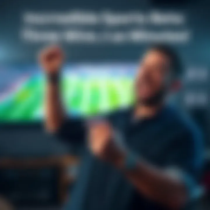 A bettor cheers with a big smile in front of a TV showing a football game, with betting slips in hand