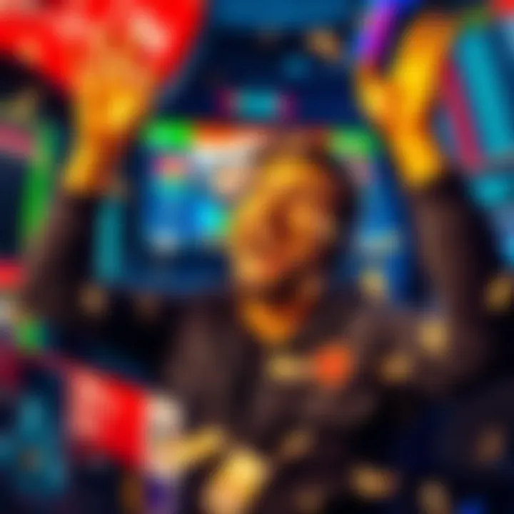 Excited bettor celebrating a win A person with a big smile celebrating their live betting win, surrounded by betting screens and cash, reflecting the thrill of success.