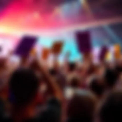 A lively group of people celebrating and waiting for payout announcements, holding signs and cheering.