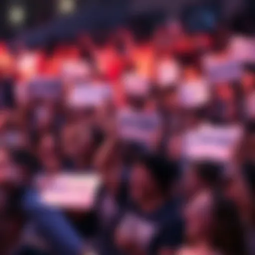 A diverse crowd cheering and holding signs with the phrase 'Let’s Go!' during an event.