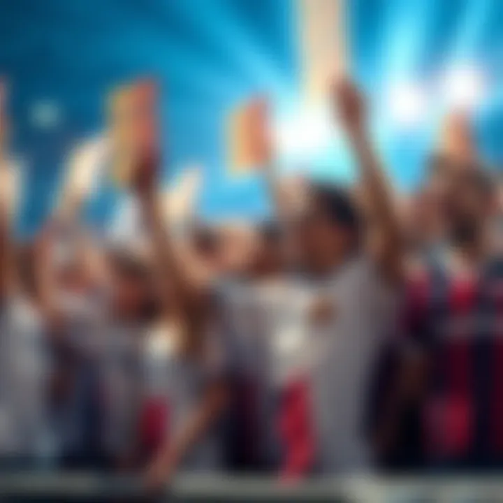 A group of enthusiastic fans holding signs and wearing jerseys, eagerly anticipating player announcements for the upcoming match
