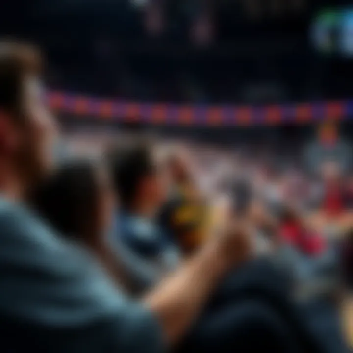 Fans cheering and watching a college basketball game