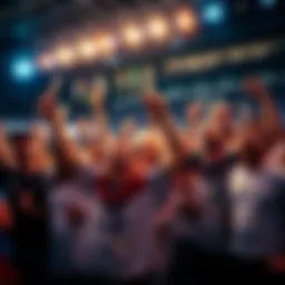 A group of fans joyfully celebrating after a Grand Slam match, holding winning tickets and cheering with excitement.