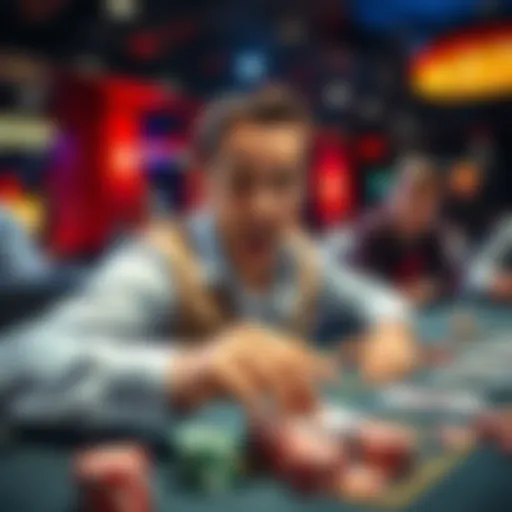 A person with a focused expression placing a large bet on a gambling table, surrounded by colorful chips and cards, capturing the thrill of high-stakes betting.