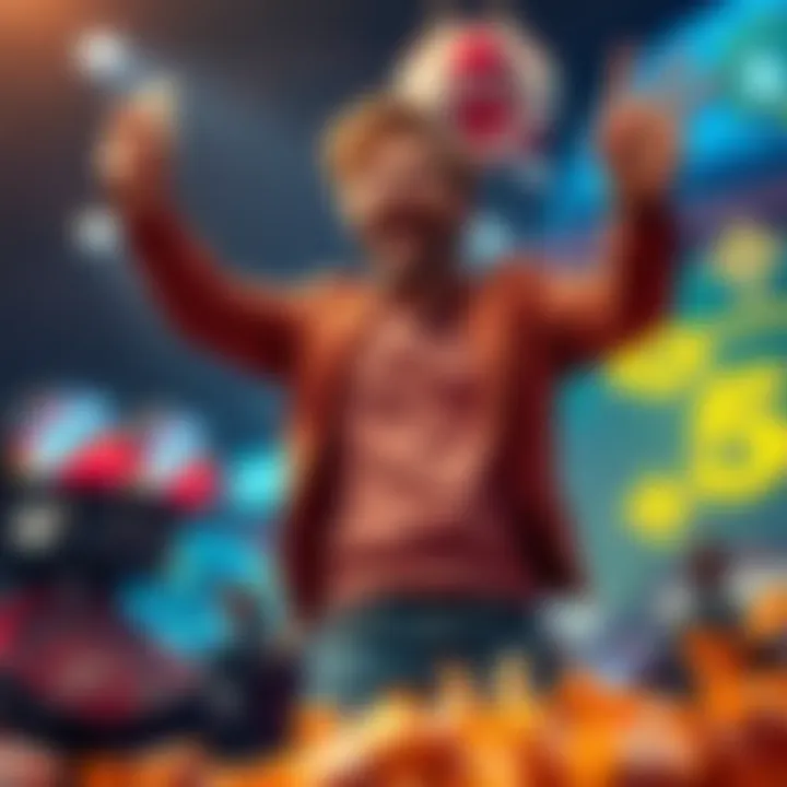 Excited gambler celebrating a big win A happy person jumps in joy while holding winning ticket and cash, representing the thrill of small bets leading to big payouts