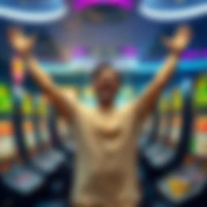 A happy player throwing their arms up in joy after winning at a casino, surrounded by colorful slot machines and chips