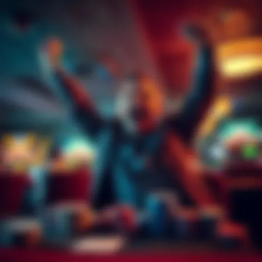 A happy gambler raising their arms in celebration after winning a large bet, with chips and a betting slip on the table