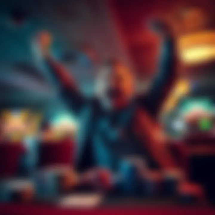 A happy gambler raising their arms in celebration after winning a large bet, with chips and a betting slip on the table